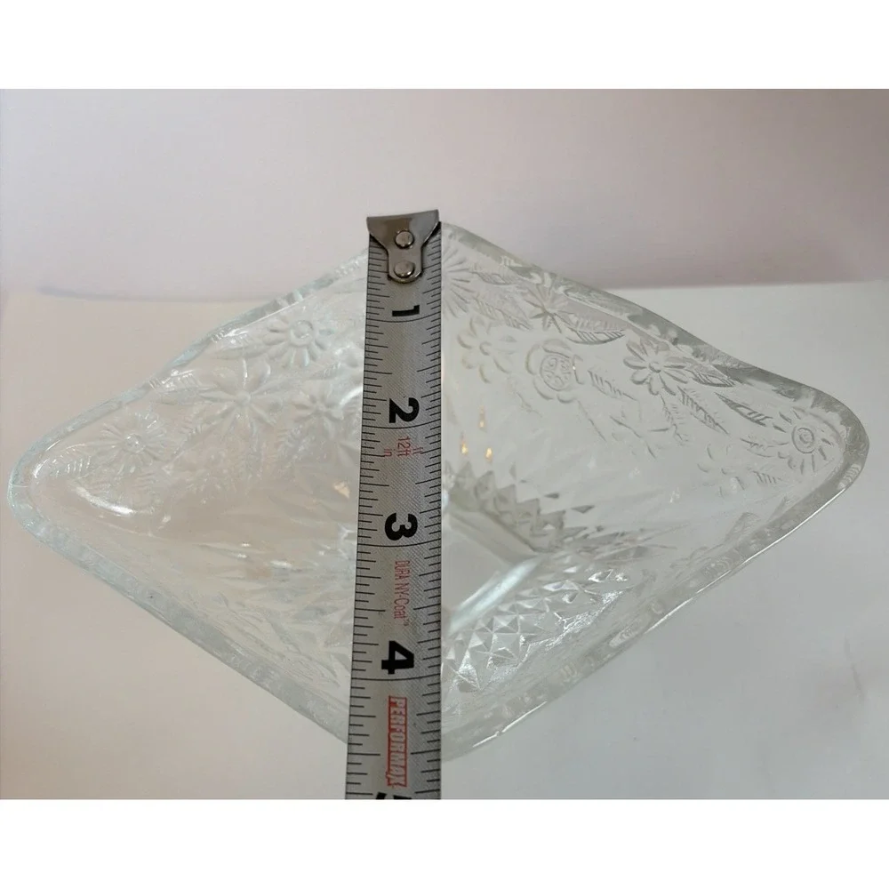 Vintage Indiana Glass Diamond Shape Clear Glass Floral Footed‎ Candy Dish Bowl